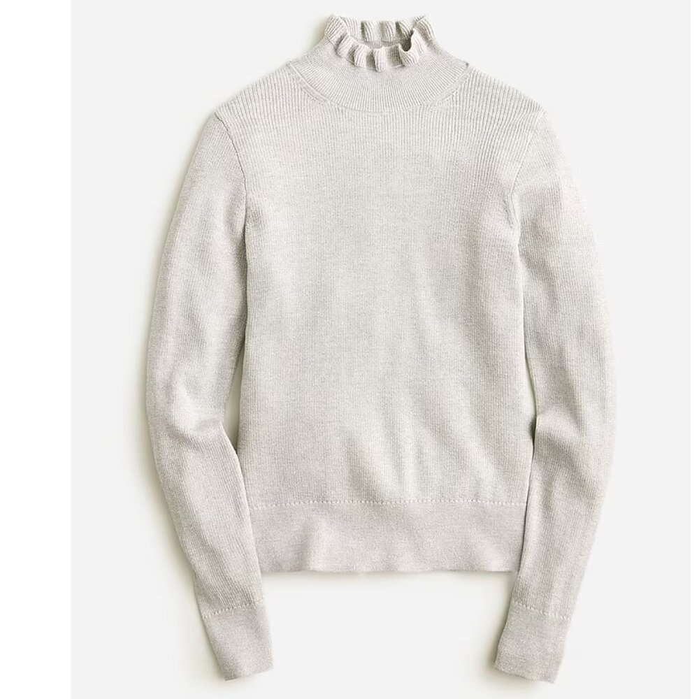 NWT J. Crew Metallic silver merino wool ruffle neck sweater
